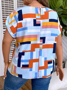 SHEIN LUNE Camisa azul vaquera de cuello redondo ancha y casual con efecto denim y hombros caídos para tallas grandes - Azul - Ver 2