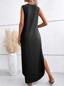 SHEIN LUNE 愛心圖案隱藏口袋下擺開叉背心連衣裙 - 黑色 - 查看 2