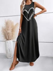 SHEIN LUNE 愛心圖案隱藏口袋下擺開叉背心連衣裙 - 黑色 - 查看 3