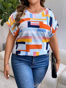 SHEIN LUNE Camisa azul vaquera de cuello redondo ancha y casual con efecto denim y hombros caídos para tallas grandes - Azul - Ver 4