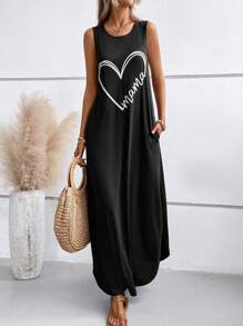 SHEIN LUNE 愛心圖案隱藏口袋下擺開叉背心連衣裙 - 黑色 - 查看 4