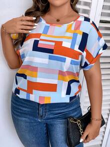 SHEIN LUNE Camisa azul vaquera de cuello redondo ancha y casual con efecto denim y hombros caídos para tallas grandes - Azul - Ver 6