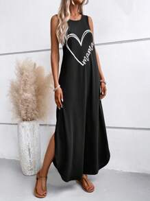 SHEIN LUNE 愛心圖案隱藏口袋下擺開叉背心連衣裙 - 黑色 - 查看 6