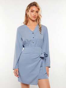 BizChic Chất rắn Nút phía trước Nút ven Váy quấn - Màu xanh bụi bặm - Xem 1