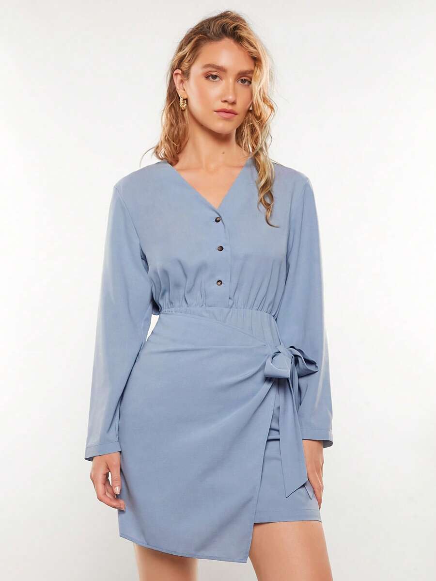 BizChic Chất rắn Nút phía trước Nút ven Váy quấn - Màu xanh bụi bặm - Xem 1