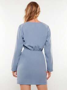 BizChic Chất rắn Nút phía trước Nút ven Váy quấn - Màu xanh bụi bặm - Xem 2