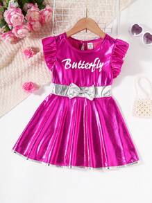 SHEIN 女小童字母圖案荷葉邊前蝴蝶結鐳射連衣裙 - 玫紅色 - 查看 1