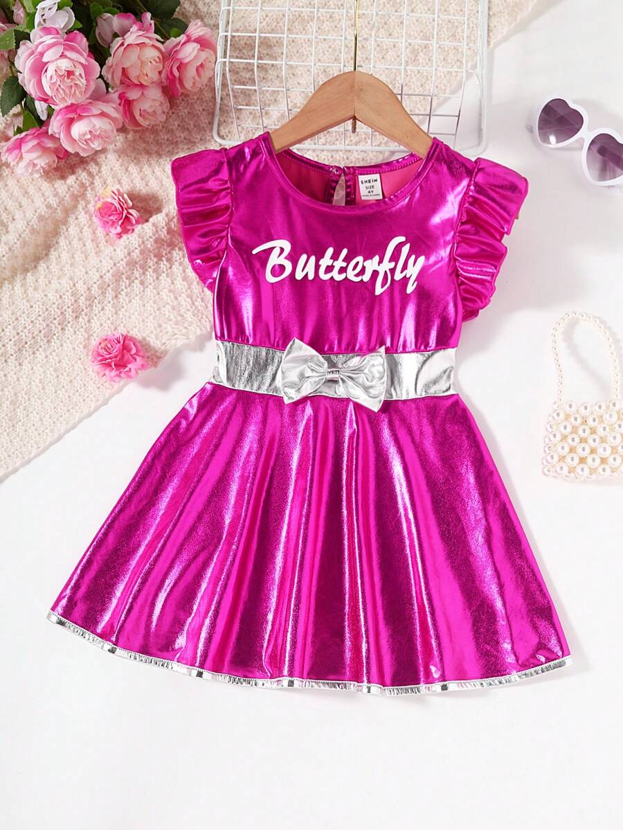 SHEIN 女小童字母圖案荷葉邊前蝴蝶結鐳射連衣裙 - 玫紅色 - 查看 1
