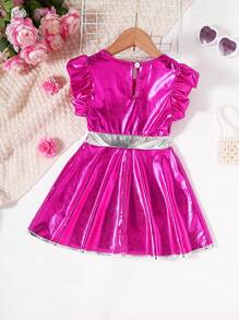 SHEIN 女小童字母圖案荷葉邊前蝴蝶結鐳射連衣裙 - 玫紅色 - 查看 2