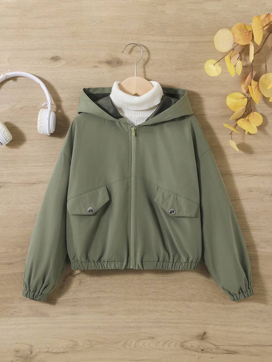 SHEIN 女大童1入組翻蓋細節連帽夾克 - 軍綠色 - 查看 1