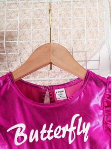 SHEIN 女小童字母圖案荷葉邊前蝴蝶結鐳射連衣裙 - 玫紅色 - 查看 4