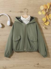 SHEIN 女大童1入組翻蓋細節連帽夾克 - 軍綠色 - 查看 6