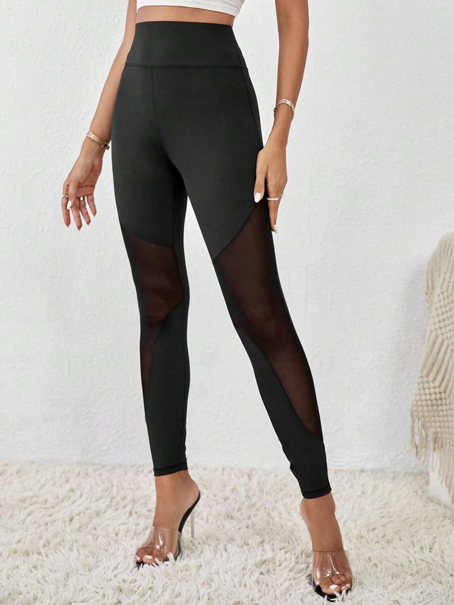 SHEIN Essnce 網紗拼接寬腰帶緊身打底褲 - 黑色 - 查看 1