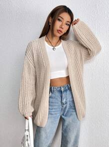 SHEIN Unity Áo khoác cardigan thiết kế giản dị thả vai - Màu be - Xem 4