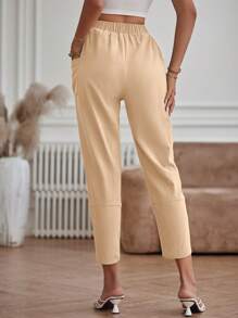 SHEIN LUNE 素色口袋細節長褲 - 卡其色 - 查看 2