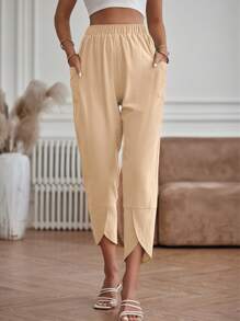 SHEIN LUNE 素色口袋細節長褲 - 卡其色 - 查看 3