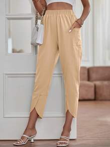 SHEIN LUNE 素色口袋細節長褲 - 卡其色 - 查看 4