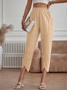 SHEIN LUNE 素色口袋細節長褲 - 卡其色 - 查看 5