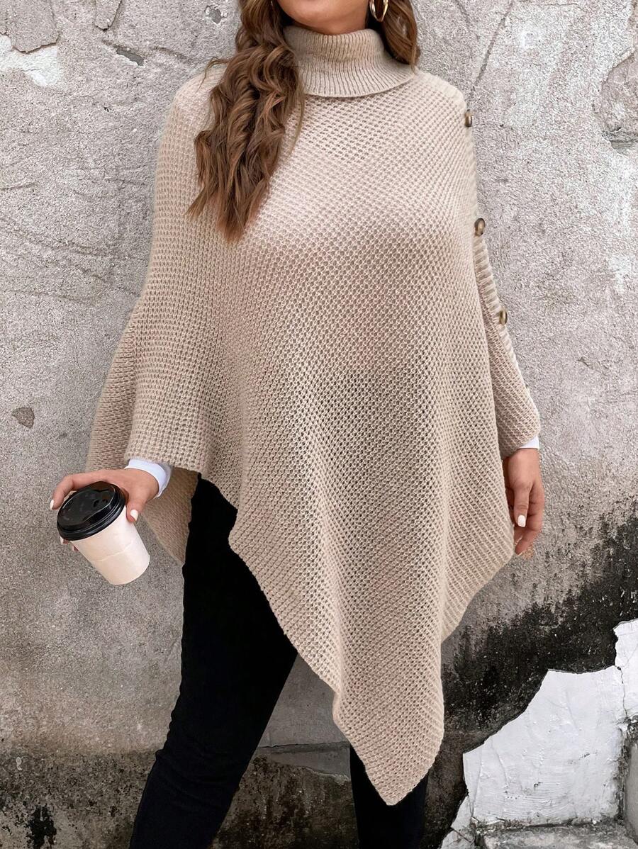 SHEIN Clasi Hơn Áo cao cổ Viền không đối xứng Đan Áo choàng Mưa - Lạc đà - Xem 1