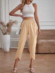 SHEIN LUNE 素色口袋細節長褲 - 卡其色 - 查看 6