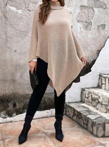 SHEIN Clasi Hơn Áo cao cổ Viền không đối xứng Đan Áo choàng Mưa - Lạc đà - Xem 4