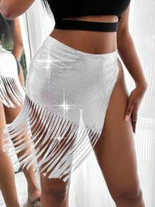 Allurite 流蘇下擺亮片半身裙 - 銀色 - 查看 1