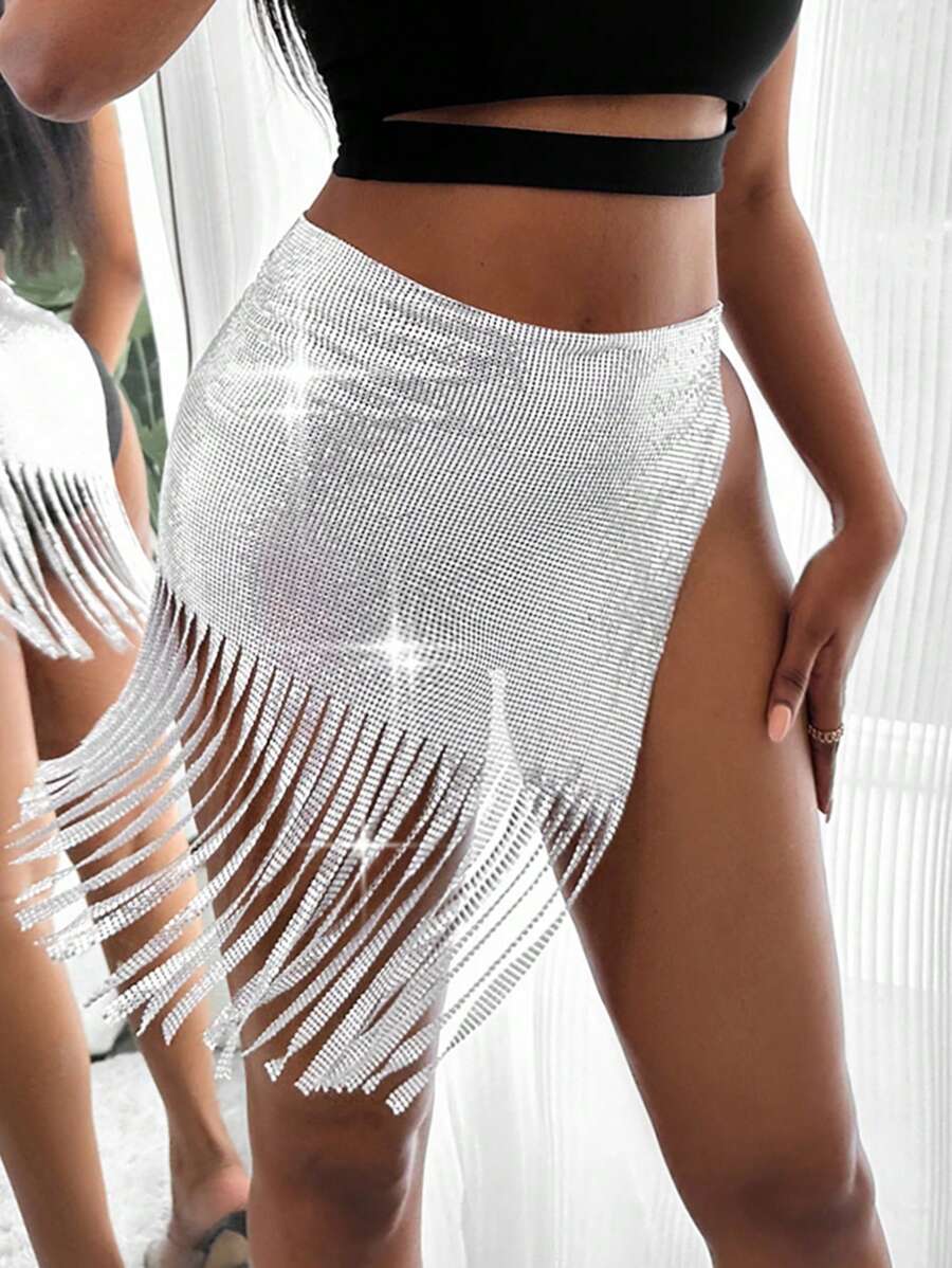 Allurite 流蘇下擺亮片半身裙 - 銀色 - 查看 1
