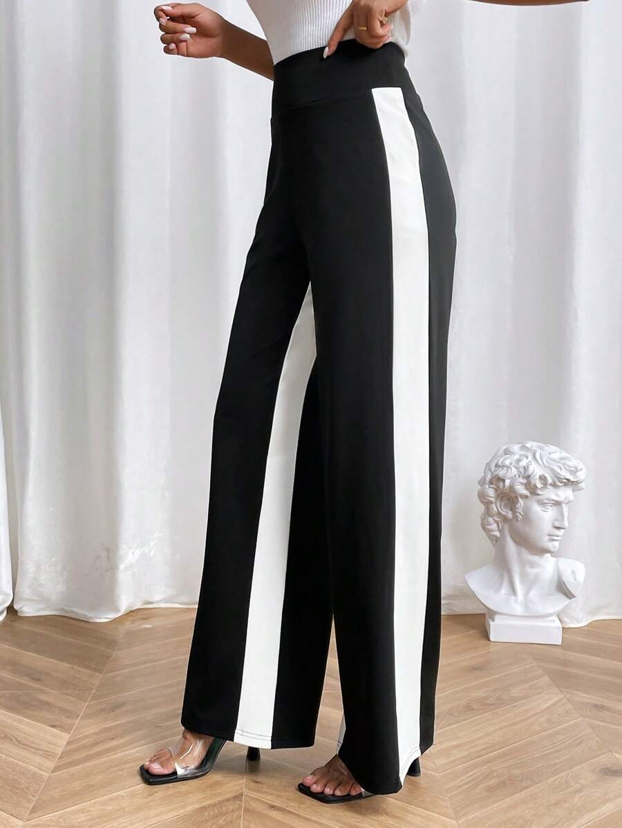 SHEIN Essnce Pantalones de pierna ancha en contraste lado - Blanco y Negro - Ver 1
