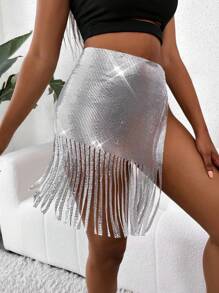 Allurite 流蘇下擺亮片半身裙 - 銀色 - 查看 4