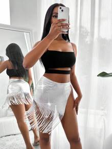 Allurite 流蘇下擺亮片半身裙 - 銀色 - 查看 5