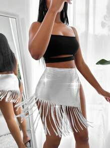 Allurite 流蘇下擺亮片半身裙 - 銀色 - 查看 6