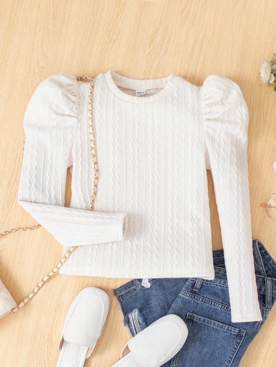 SHEIN 女大童素色羊腿袖T恤 - 白色 - 查看 1