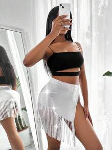 Allurite 流蘇下擺亮片半身裙 - 銀色 - 查看 7