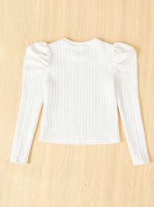 SHEIN 女大童素色羊腿袖T恤 - 白色 - 查看 2