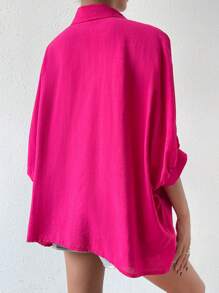 Chiquease Solid Batwing Sleeve Button Front Shirt - Hot Pink - View 2