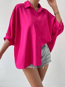 Chiquease Solid Batwing Sleeve Button Front Shirt - Hot Pink - View 4