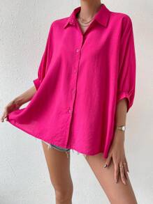 Chiquease Solid Batwing Sleeve Button Front Shirt - Hot Pink - View 5