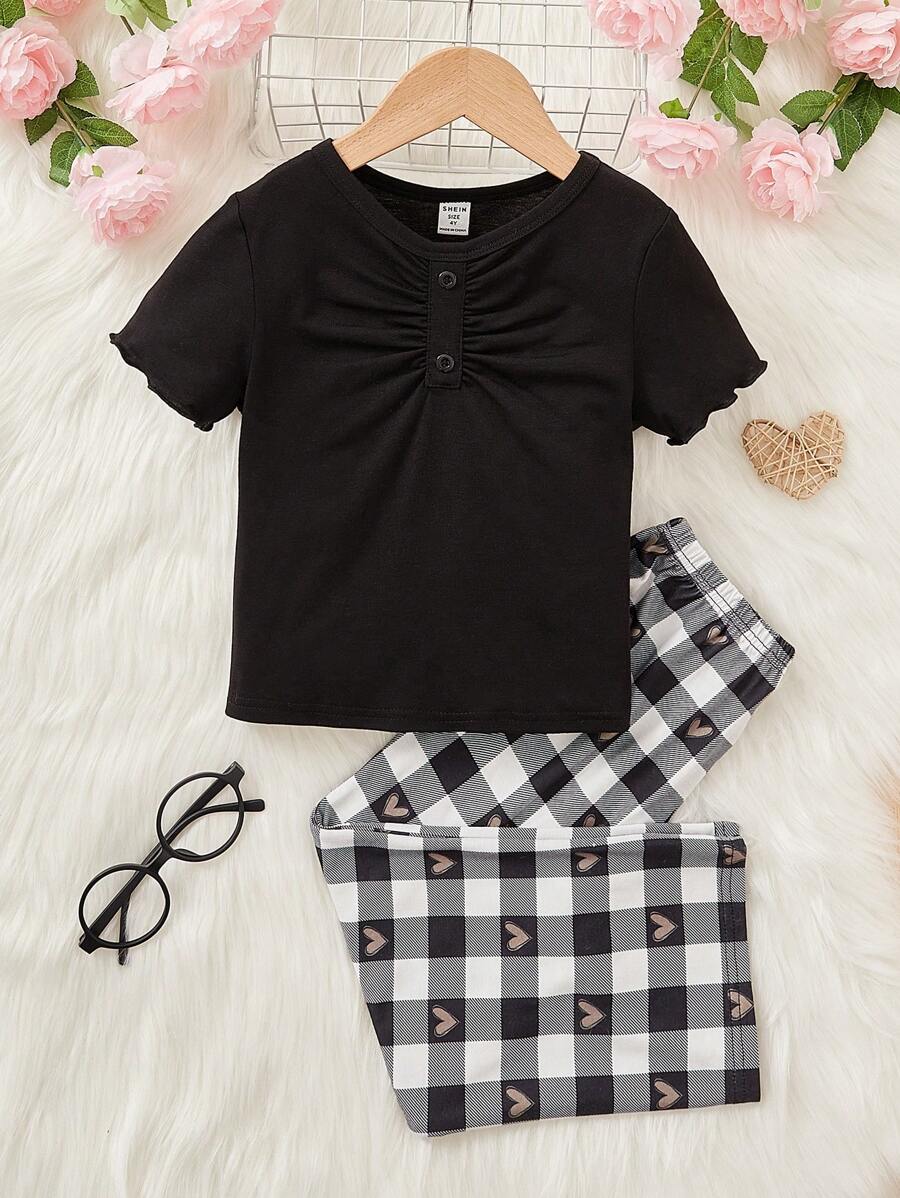 SHEIN Young Girl Plaid & Heart Print Ruched PJ Set