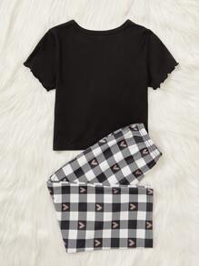 SHEIN Young Girl Plaid & Heart Print Ruched PJ Set