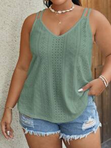 SHEIN VCAY Plus Eyelet Embroidery Cami Summer Top - Mint Green - View 4