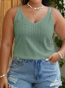SHEIN VCAY Plus Eyelet Embroidery Cami Summer Top - Mint Green - View 5
