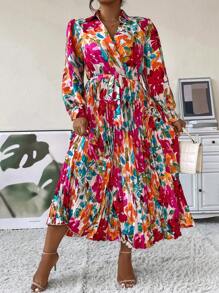 Breezaya 大碼印花百褶下擺繫腰帶連衣裙