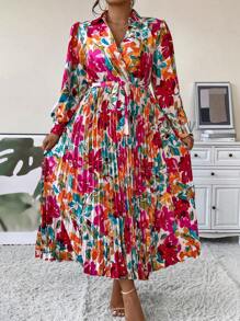 Breezaya 大碼印花百褶下擺繫腰帶連衣裙
