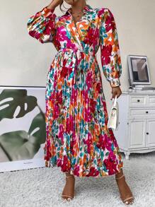 Breezaya 大碼印花百褶下擺繫腰帶連衣裙