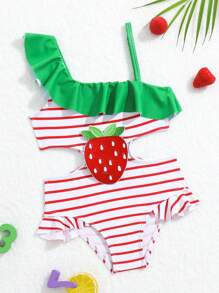 女嬰條紋圖案&草莓圖案荷葉邊鏤空連體泳衣