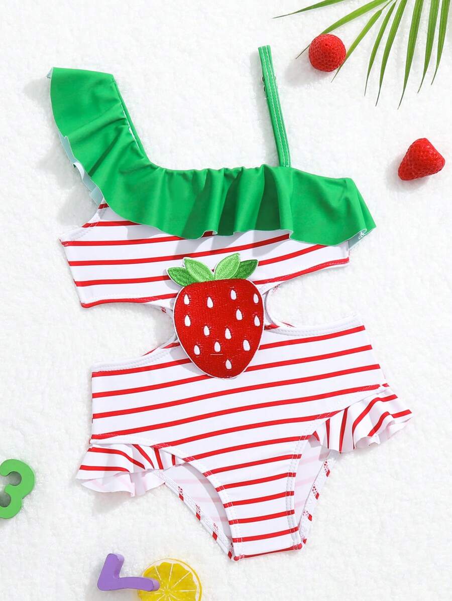 女嬰條紋圖案&草莓圖案荷葉邊鏤空連體泳衣