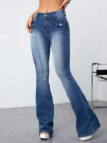 SHEIN ICON Flap Pocket Flare Leg Jeans - Medium Wash - View 1