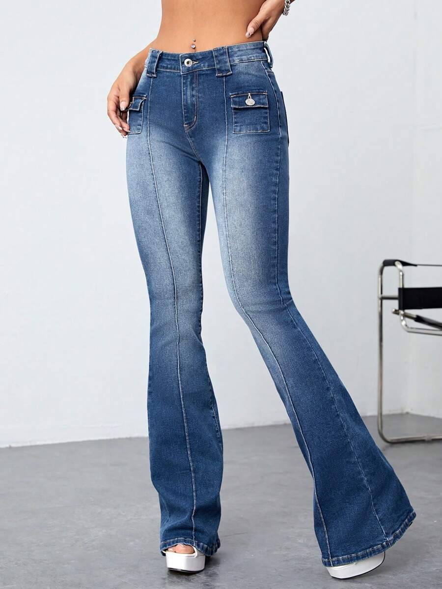 SHEIN ICON Flap Pocket Flare Leg Jeans - Medium Wash - View 1