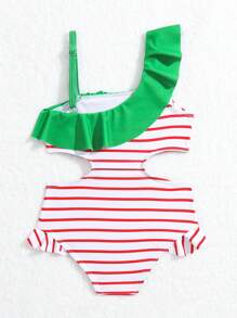 女嬰條紋圖案&草莓圖案荷葉邊鏤空連體泳衣