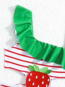 女嬰條紋圖案&草莓圖案荷葉邊鏤空連體泳衣